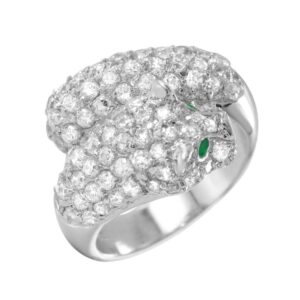 19mm x 14mm Rhodium Plated 925 Sterling Silver Green Enamel and CZ Jaguar Ring
