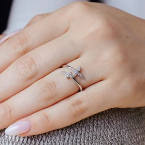 Rhodium Plated 925 Sterling Silver and CZ Double Cross Ring