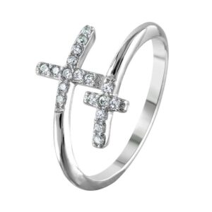 Rhodium Plated 925 Sterling Silver and CZ Double Cross Ring