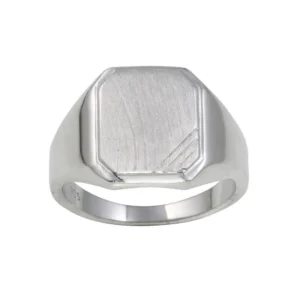 Rhodium Plated 925 Sterling Silver Men’s Engravable Octagon Ring with Matte Finish