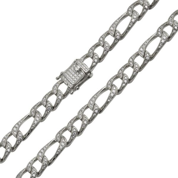 8.2mm 925 Sterling Silver and CZ Encrusted Figaro Chain Bracelet or Necklace - Image 2