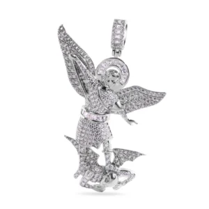 Rhodium Plated 925 Sterling Silver Saint Michael with White CZ Baguette Halo Pendant