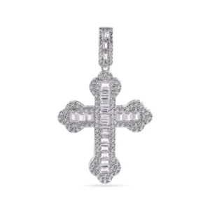 Rhodium Plated 925 Sterling Silver Cross with White CZ Baguettes