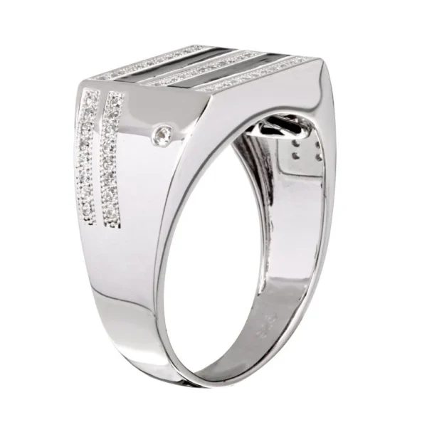 12.3mm Two-Tone 925 Sterling Silver Rhodium Plated 925 Sterling Silver CZ and Black Enamel Men's Ring - Image 2