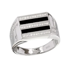 12.3mm Two-Tone 925 Sterling Silver Rhodium Plated 925 Sterling Silver CZ and Black Enamel Men’s Ring
