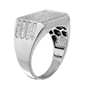 14.3mm Rhodium Plated 925 Sterling Silver and CZ Men’s Rectangular Ring