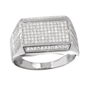 14.3mm Rhodium Plated 925 Sterling Silver and CZ Men’s Rectangular Ring