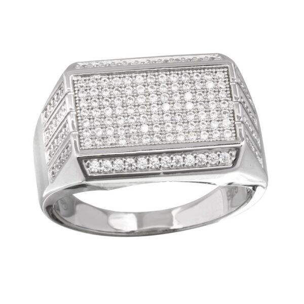 14.3mm Rhodium Plated 925 Sterling Silver and CZ Men's Rectangular Ring