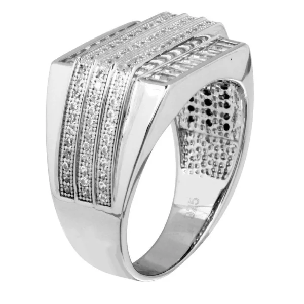 14mm Rhodium Plated 925 Sterling Silver and CZ Men's 3 Bar Ring - Image 2