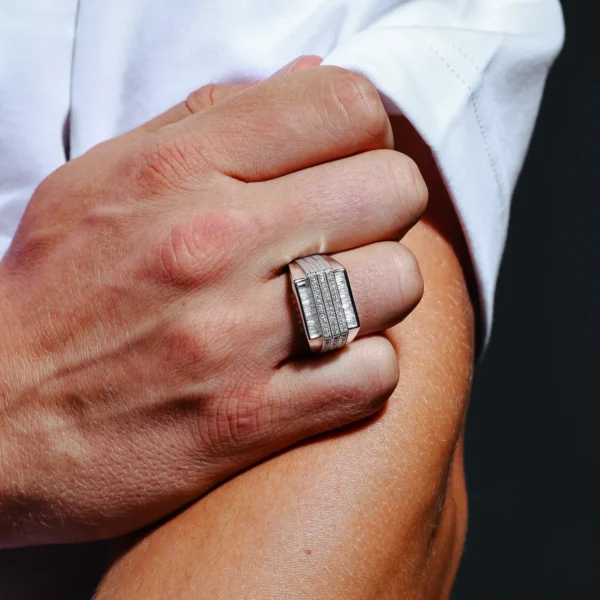 14mm Rhodium Plated 925 Sterling Silver and CZ Men's 3 Bar Ring - Image 3
