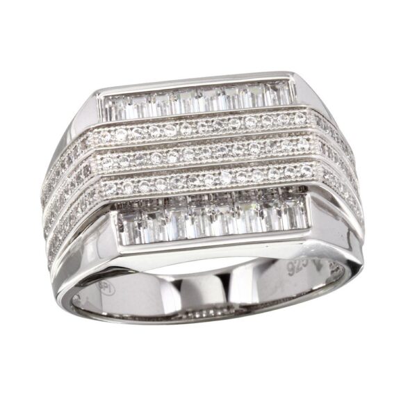 14mm Rhodium Plated 925 Sterling Silver and CZ Men's 3 Bar Ring