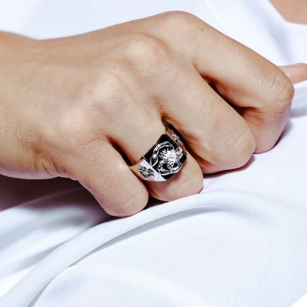 15.1mm Rhodium Plated 925 Sterling Silver and CZ Square Scorpion Ring - Image 3