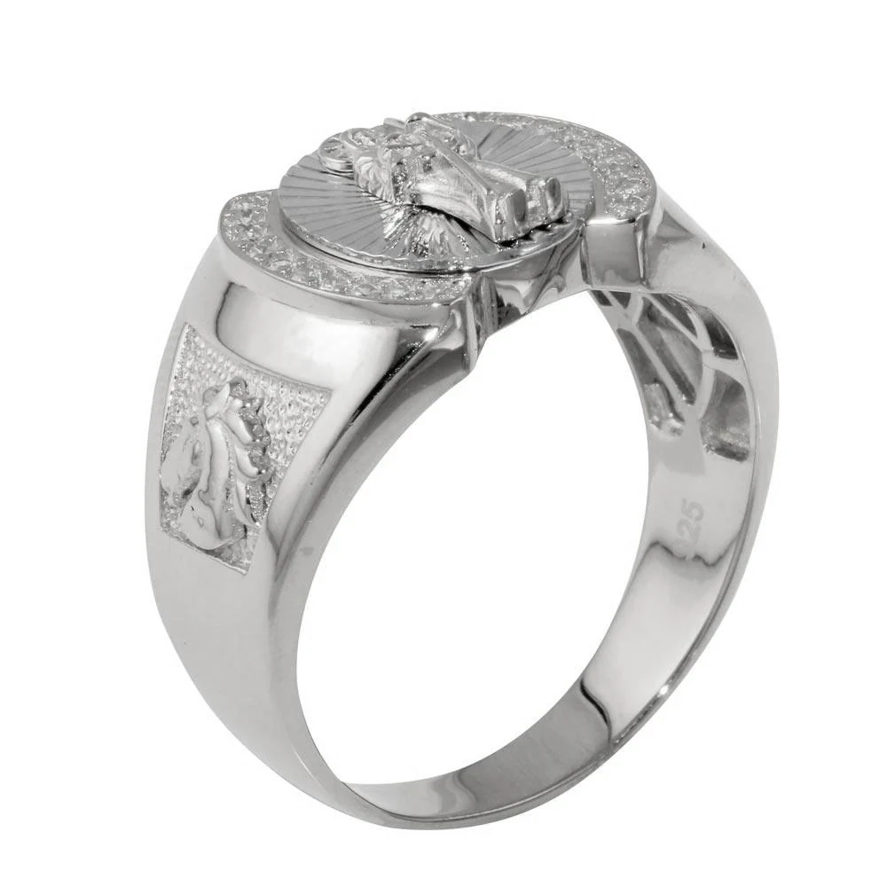13.3mm Rhodium Plated 925 Sterling Silver Santa Muerte CZ Ring - Image 2