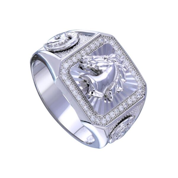 14.9mm Rhodium Plated 925 Sterling Silver and CZ Men's Stallion Statement Ring - Image 2
