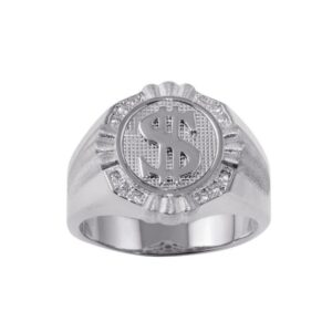 Rhodium Plated 925 Sterling Silver and CZ Dollar Sign Ring