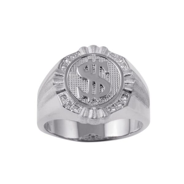 Rhodium Plated 925 Sterling Silver and CZ Dollar Sign Ring