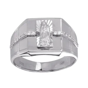 Rhodium Plated 925 Sterling Silver and CZ Men’s Lady of Guadalupe Ring