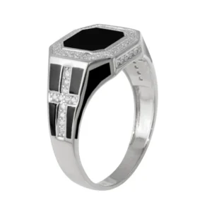 13.7mm Rhodium Plated 925 Sterling Silver and CZ Cross Ring with Black Enamel