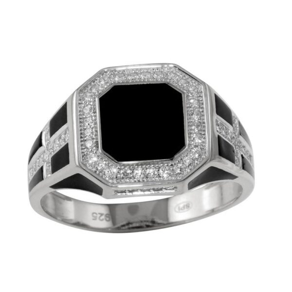 13.7mm Rhodium Plated 925 Sterling Silver and CZ Cross Ring with Black Enamel