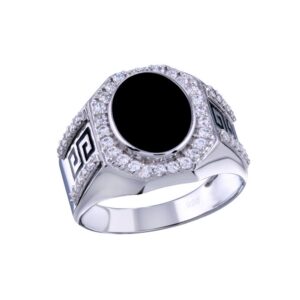 15.7mm Rhodium Plated 925 Sterling Silver and CZ Men’s Flat Oval Onyx Ring