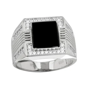 15.8mm Rhodium Plated 925 Sterling Silver and CZ Men’s Square Flat Onyx Ring