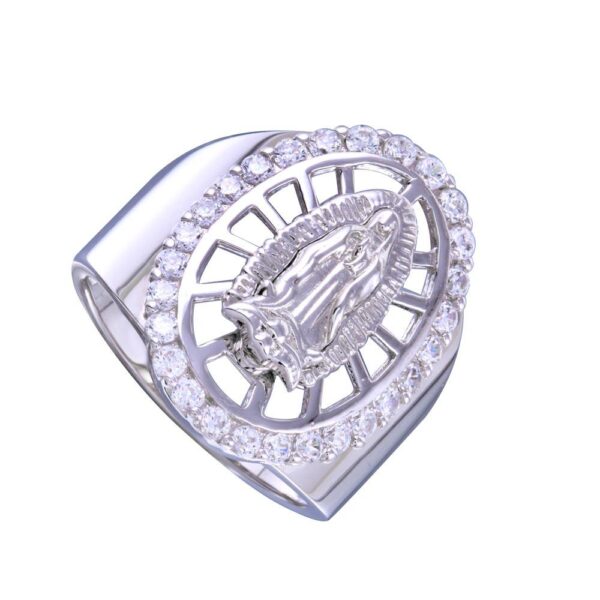 20.1mm Rhodium Plated 925 Sterling Silver and CZ Lady of Guadalupe Center Oval Ring - Image 2
