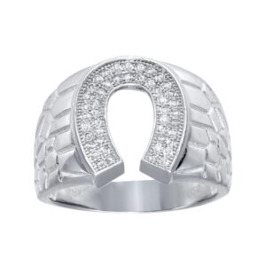 14.8mm Rhodium Plated 925 Sterling Silver CZ Men’s Horseshoe Ring