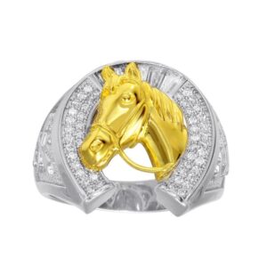 18.7mm Two-Tone 925 Sterling Silver and CZ Men’s Horseshoe Horse Ring