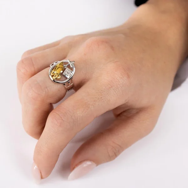 Two-Tone Yellow Gold Plated 925 Sterling Silver Praying Hand with Cross & Holy Bible Ring - Image 3