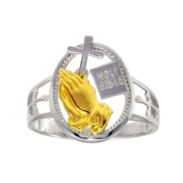 Two-Tone Yellow Gold Plated 925 Sterling Silver Praying Hand with Cross & Holy Bible Ring