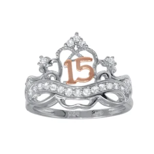 13.8mm Two-Tone 925 Sterling Silver and CZ Quinceañera Crown Ring
