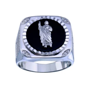 Rhodium Plated 925 Sterling Silver Saint Jude Ring with White CZ and Black Enamel