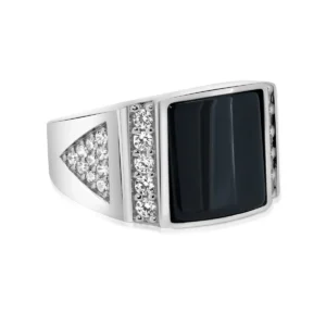 13.7mm Rhodium Plated 925 Sterling Silver Square Black Onyx and CZ Triangle Shank Ring