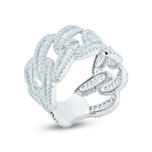 15.2mm Rhodium Plated 925 Sterling Silver and CZ Encrusted Chain Link Ring