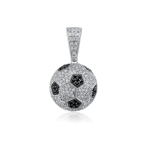 Rhodium Plated 925 Sterling Silver Soccer Ball White and Black CZ Pendant