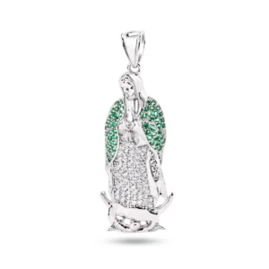 Rhodium Plated 925 Sterling Silver Virgin Mary Pendant with White and Green CZ