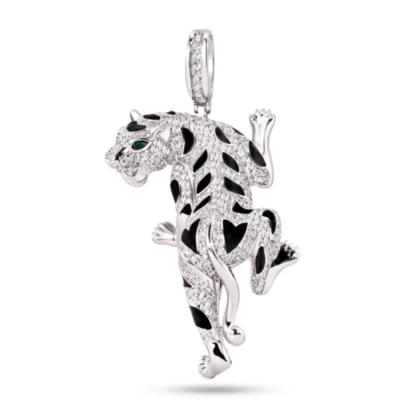 Rhodium Plated 925 Sterling Silver Cheetah Pendant with White CZ and Black Enamel