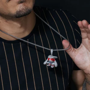 Rhodium Plated 925 Sterling Silver Hip Hop Bunny Pendant with CZ & Enamel