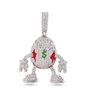Rhodium Plated 925 Sterling Silver Egg Shaped Pendant with CZ and Enamel