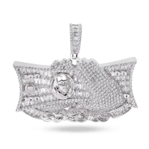 Rhodium Plated 925 Sterling Silver Cash Dollar Bill White CZ Pendant