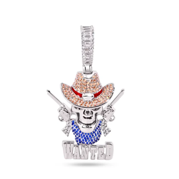 Rhodium Plated 925 Sterling Silver Wild West Wanted Skull & Guns Pendant with Brown, White and Blue CZ