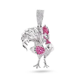 Rhodium Plated 925 Sterling Silver Red, Green and White CZ Rooster Pendant