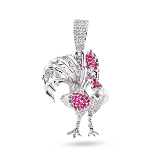 Rhodium Plated 925 Sterling Silver Red, Green and White CZ Rooster Pendant
