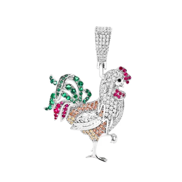 Rhodium Plated 925 Sterling Silver Multicolor CZ Chicken Pendant
