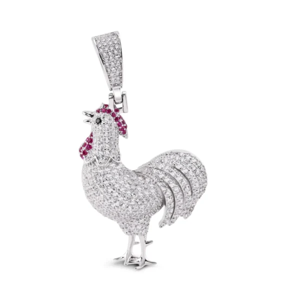 Rhodium Plated 925 Sterling Silver Chicken Pendant with Red and White CZ