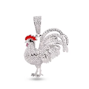Rhodium Plated 925 Sterling Silver Rooster Pendant with White CZ and Red Enamel