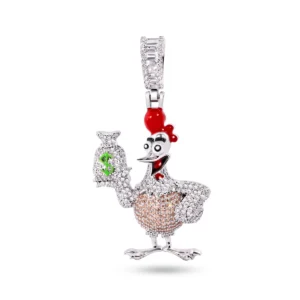 Rhodium Plated 925 Sterling Silver Chicken Money Bag Pendant with CZ and Enamel