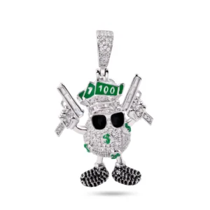 Rhodium Plated 925 Sterling Silver Egg with Dollar Bills and Guns Pendant