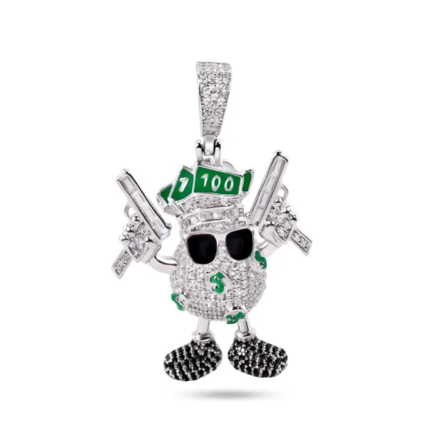 Rhodium Plated 925 Sterling Silver Egg with Dollar Bills and Guns Pendant