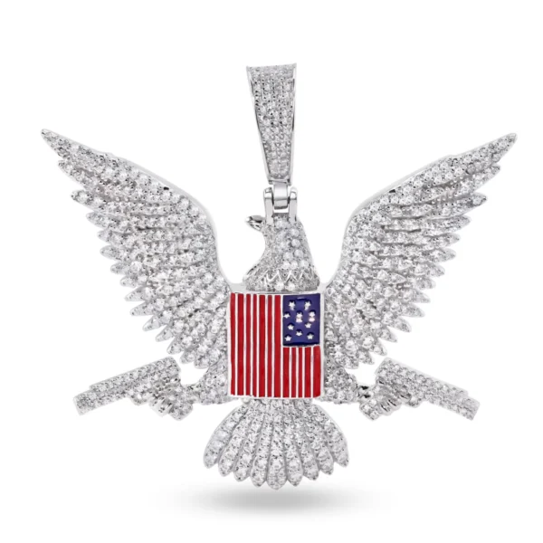 Rhodium Plated 925 Sterling Silver American Eagle with Flag & Guns Pendant